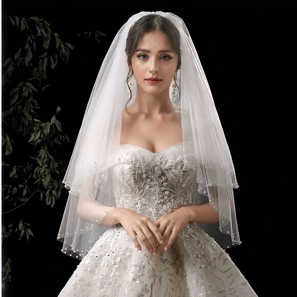 New 2 Tier White 29 in Pearl Edge Beaded Wedding‎ Bridal Veil Elbow - Picture 1 of 5
